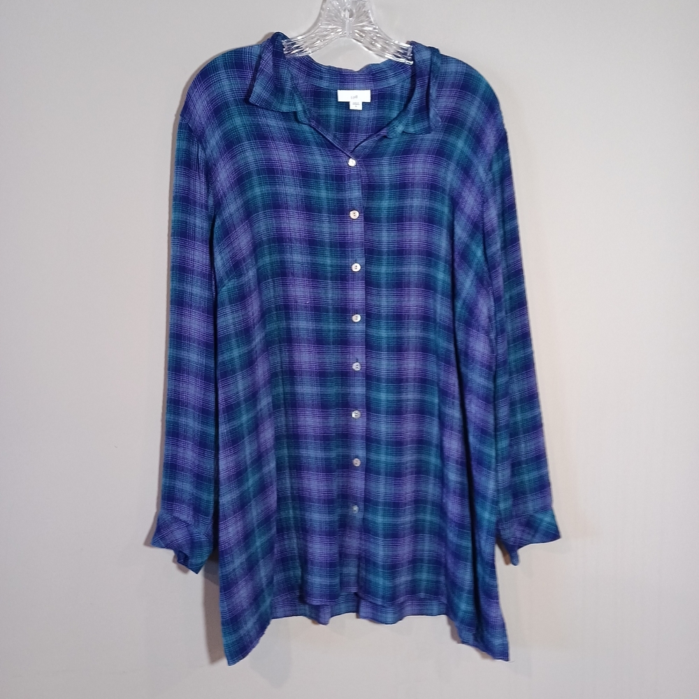 J. Jill Crinkled Plaid Button Front Tunic Size XL Blue Purple